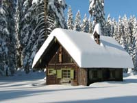 cabin with snow